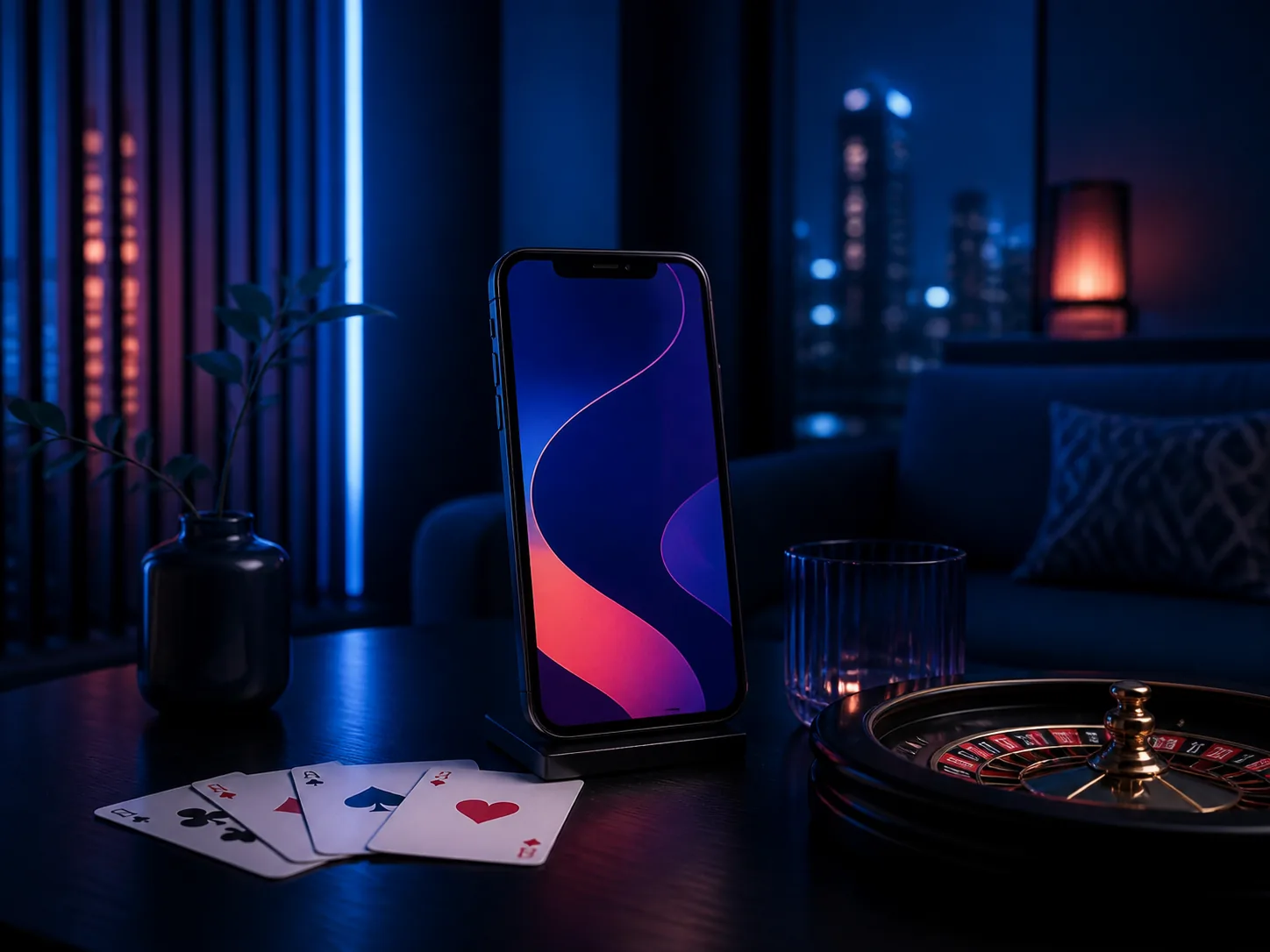 Ponsel dan elemen kasino digital dalam suasana rumah yang tenang